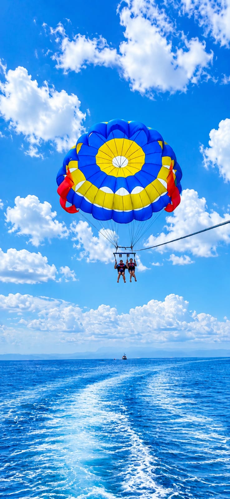 Guests parasailing above the ocean during a Bali watersports experience